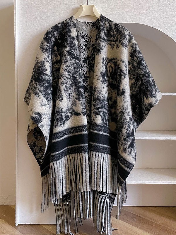 Plaid Winter Open Front Women Tassels Shawl Cape