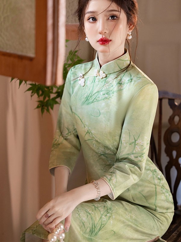 2024 Winter Floral Midi Qipao Cheongsam Dress
