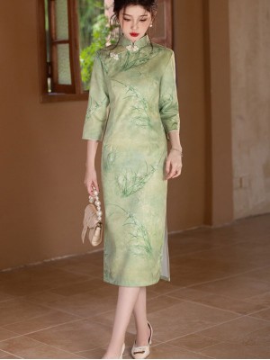 2024 Winter Floral Midi Qipao Cheongsam Dress