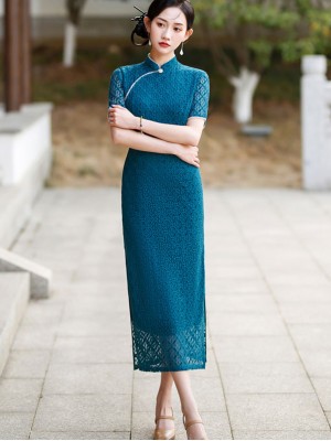 Lake Blue Plaid Lace Qipao Cheongsam Dress