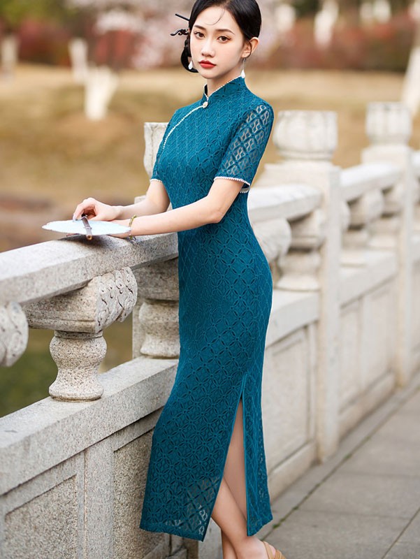 Lake Blue Lace Mid Qipao Cheongsam Dress