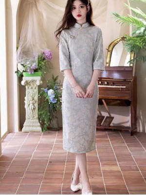 Blue Floral Lace Winter Midi Cheongsam Qipao Dress
