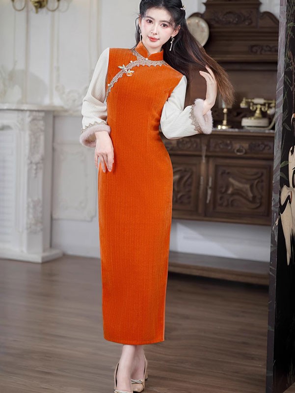 Green Orange Chenille Winter Cheongsam Qipao Dress