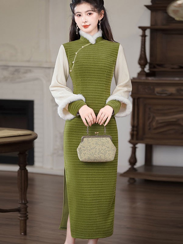 Green Knitted Winter Cheongsam Qipao Dress