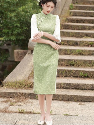 Green Lace Winter Midi Cheongsam Qipao Dress
