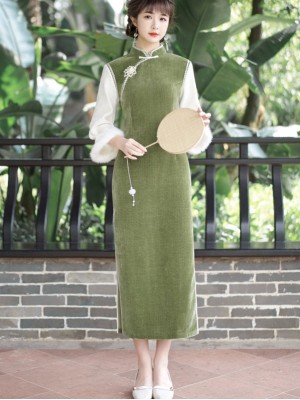 Green Orange Chenille Winter Cheongsam Qipao Dress