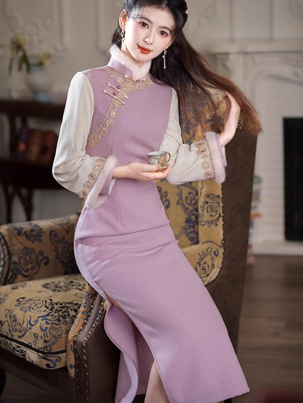 Purple Chenille Winter Cheongsam Qipao Dress