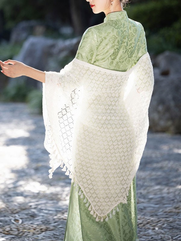 White Knit Crochet Knit Cheongsam Wrap Shawl