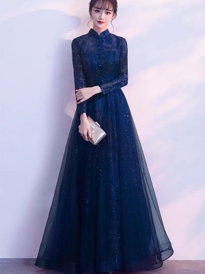 Blue Sequined Qipao Cheongsam Evening Dress with Tulle Skirt