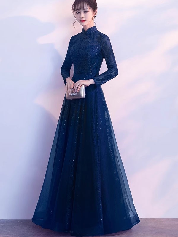 Blue Sequined Qipao Cheongsam Evening Dress with Tulle Skirt