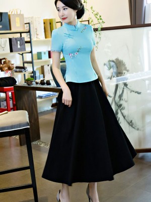 Green White Floral Embroidery Qipao Cheongsam Top