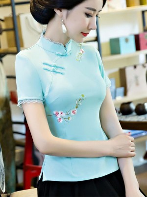 Green White Floral Embroidery Qipao Cheongsam Top