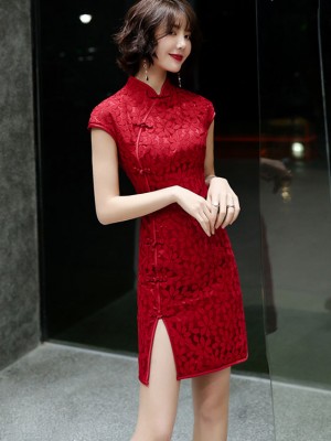Red Lace Short Qipao / Cheongsam Party Dress