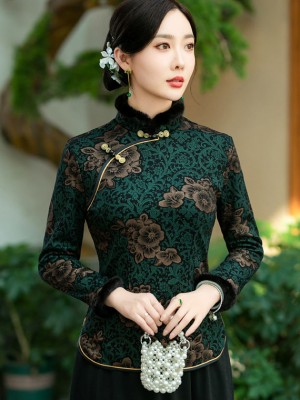 Faux Fur Trim Floral Fleece Lined Winter Cheongsam Blouse Top