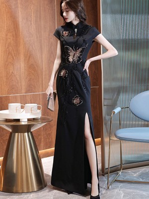 Black Beaded Butterfly Split Fishtail Qipao Cheongsam Dress