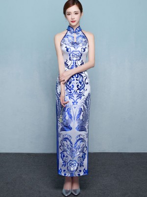 Blue Floral Halter Qipao Cheongsam Prom Dress with Split