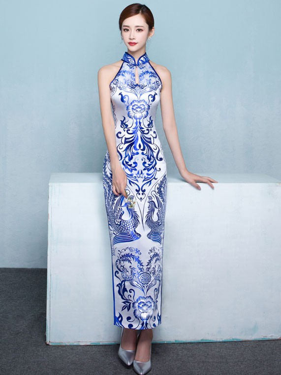 Blue Floral Halter Qipao / Cheongsam Prom Dress with Split