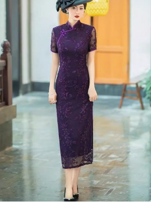 Purple Red Floral Velvet Maxi Qipao Cheongsam Dress