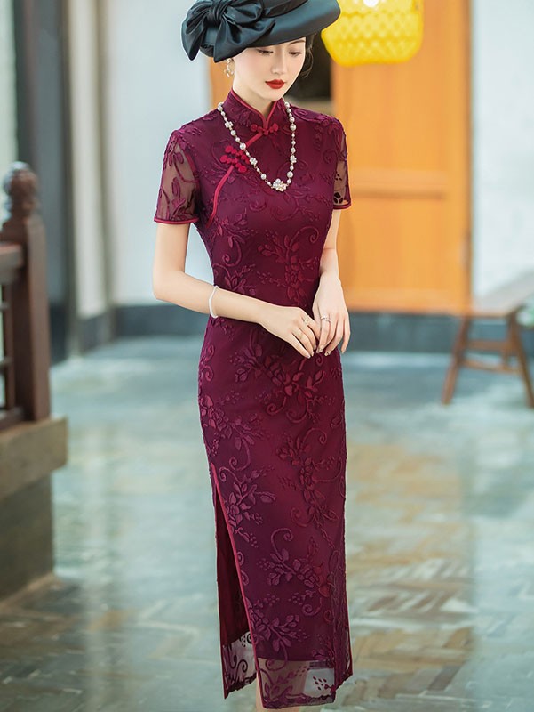 Purple Red Floral Velvet Maxi Qipao Cheongsam Dress