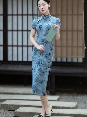 Blue Bamboo Print Midi Cheongsam Qipao Dress