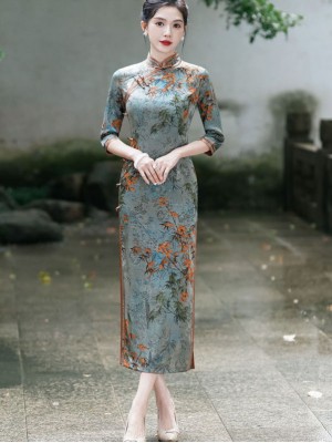 Blue Floral Mothers Winter Qipao Cheongsam Dress