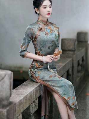 Blue Floral Mothers Winter Qipao Cheongsam Dress