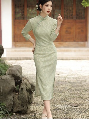 Green Floral Lace Mid Cheongsam / Qipao Dress