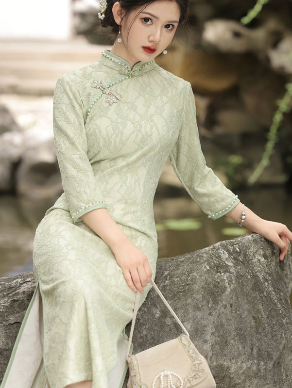 Green Floral Lace Mid Cheongsam / Qipao Dress