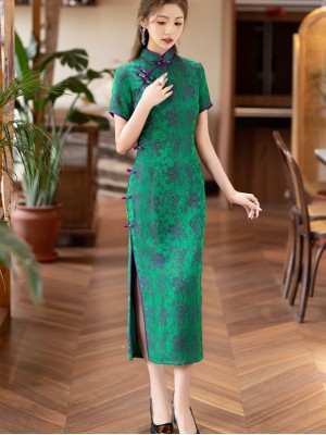 Green Jacquard Floral Cheongsam Qipao Dress