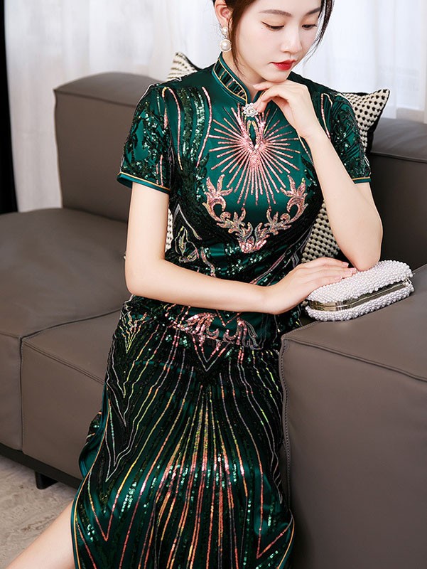 Green Sequined Velvet Full Cheongsam / Qipao Dress