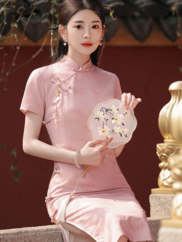 Pink Bamboo Print Midi Cheongsam Qipao Dress