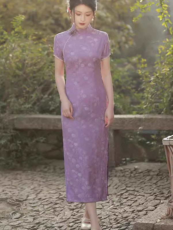 Purple Jacquard Floral Qipao Cheongsam Dress