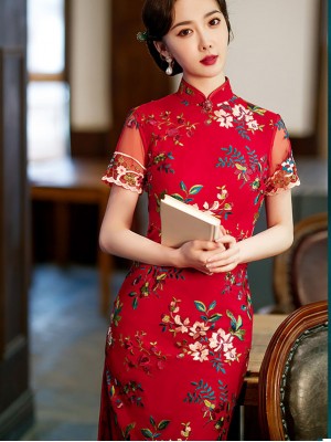 Red Embroidered Lace Mid Cheongsam Qipao Dress