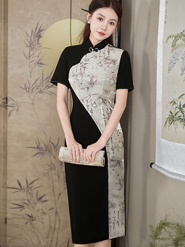 Color-Block Print Qipao Cheongsam Dress