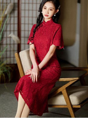 Red Lace Flutter Sleeve Wedding Cheongsam Qipao Dress