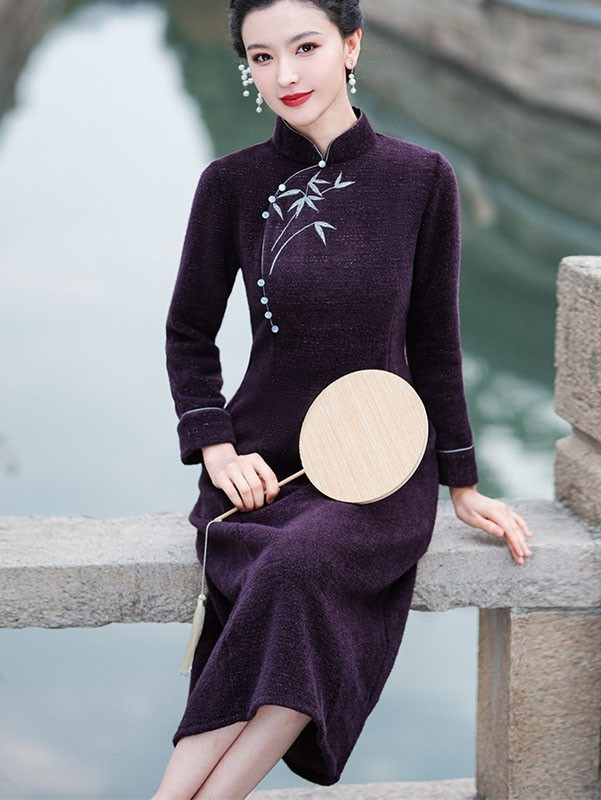 Purple Embroidered Mothers Winter Qipao Cheongsam Dress