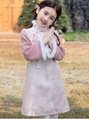 Pink Jacquard Kids Girls Winter Qipao Cheongsam Dress