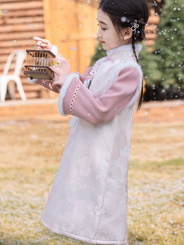 Pink Jacquard Kids Girls Winter Qipao Cheongsam Dress