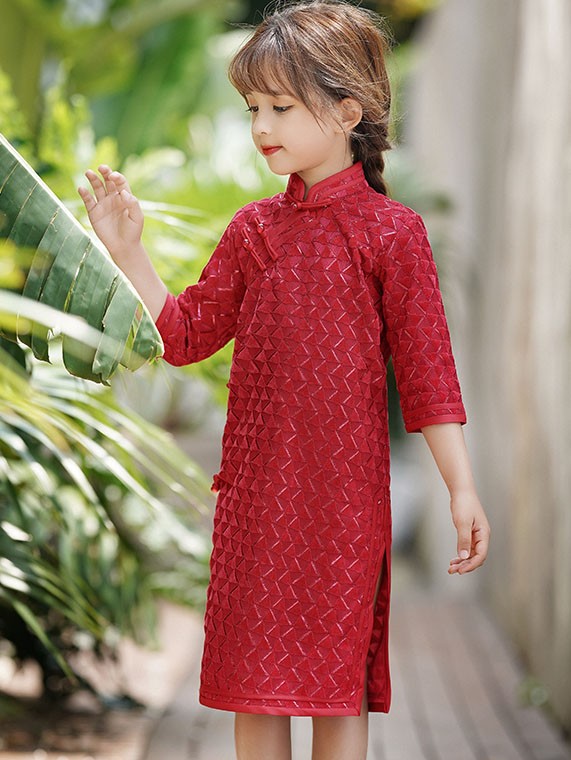 Red Grid Kids Girls Qipao Cheongsam Dress