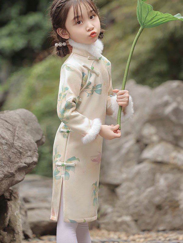 Chinese Painting Print Kids Girls Qipao Cheongsam Dress