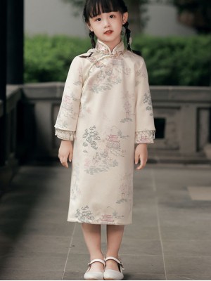Beads Tassels Kids Girls Winter Suede Qipao Cheongsam Dress