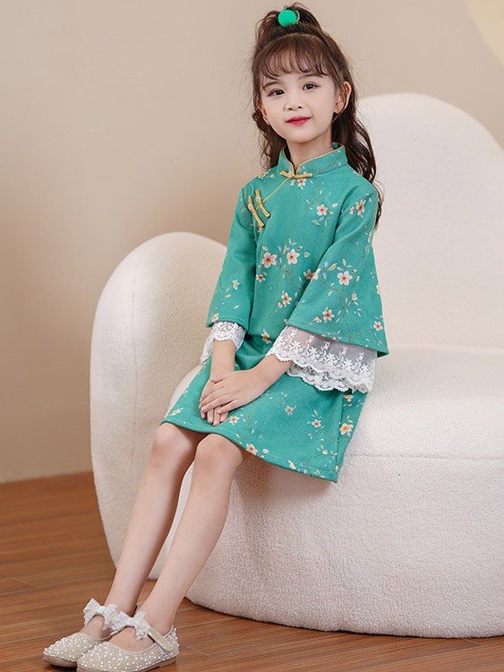 Green Floral Suede Baby Girls Winter Qipao Cheongsam Dress