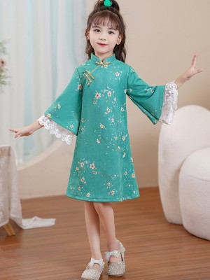 Green Floral Suede Kids Girls Winter Qipao Cheongsam Dress