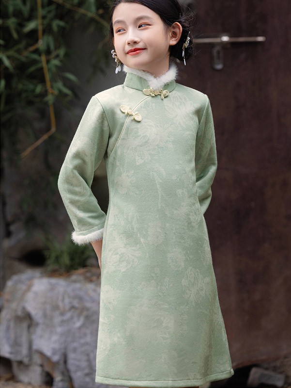 Green Kids Girls Winter Pocket Qipao Cheongsam Dress