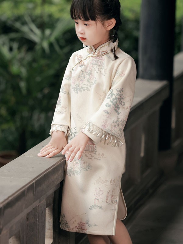 Chinese Painting Print Kids Girls Qipao Cheongsam Dress