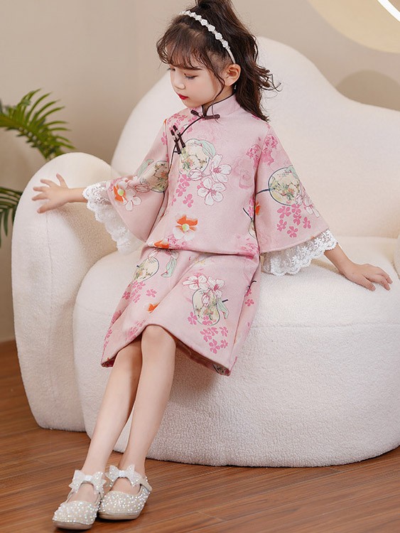 Pink Floral Suede Kids Girls Winter Qipao Cheongsam Dress