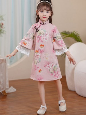 Pink Floral Suede Kids Girls Winter Qipao Cheongsam Dress