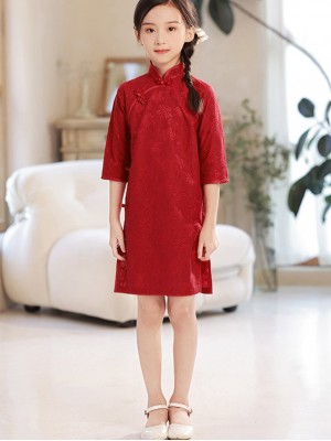 Red Floral Kids Girls Qipao Cheongsam Dress