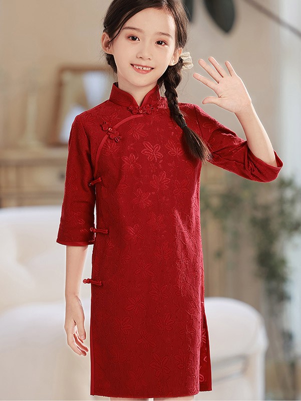 Red Floral Kids Girls Qipao Cheongsam Dress