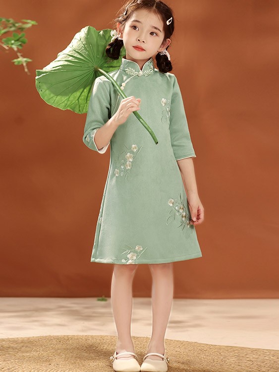 Green Floral Embroidery Kids Girls Qipao Cheongsam Dress